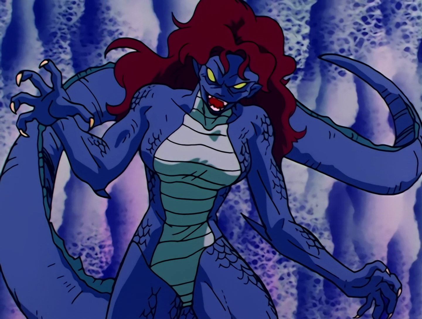 Iguara, a Youma from Sailor Moon episode 5. She’s an anthropomorphic lizard, with blue scales on most of her body and a lighter patch running down her front. She has long brown hair and a large tail.